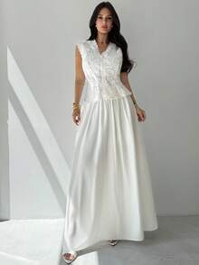 Firerie 女士优雅蕾丝V领短袖上衣和A字裙套装 - 白色 - 查看 4