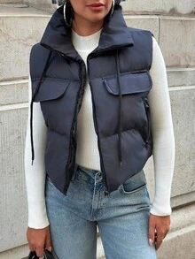 SHEIN Cottnline Puffer Vest, Street Style, Zipper Detail, Drawstring Neck, Winter Layering, Functional Pockets, Casual Outerwear, Urban Fashion - Navy Blue - View 5