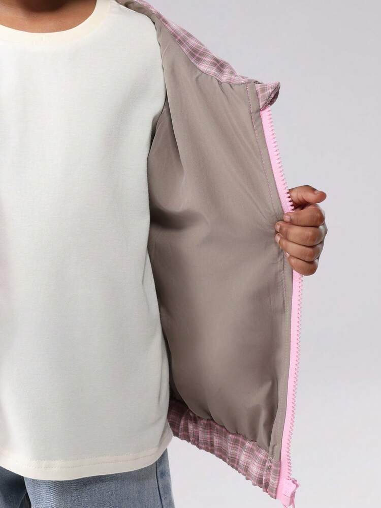 Pink Plaid Bomber Jacket With Hood And Side Pockets