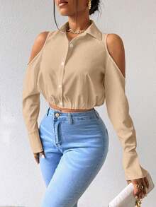 Zolique Solid Textured Button Front Cold-Shoulder Collar Blouse Women Shirt - Khaki - View 3