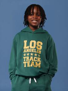 SUMWON Tween Los Angeles Track Team Matching Hoodie Sweatshirt And Shorts Set With Varsity Graphics And Side Pockets Winter Co-Ord Set With Drawstring Waist Fall - Green - View 3