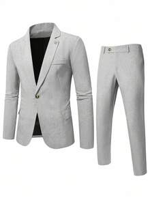 Calvornis 男士休闲商务两件套西装，纯色西装套装夹克和裤子，简约时尚休闲日常穿着婚礼西装舞会西装男士，适合情人节周年纪念日等场合，是送给男朋友或丈夫的绝佳礼物。 - 淺灰色 - 查看 3