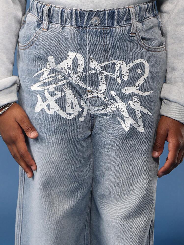Wide Leg Denim Jeans With Graffiti Print And Bandana