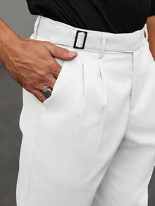 Manfinity Bizformal Men's Solid Color Waist Buckle Design Pocket Straight Leg Pants White Pleated Pants Men White Dress Pants Men White Suit Pants Men