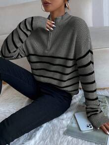 EMERY ROSE Women's Casual Loose Fit Dropped Shoulder Striped Pullover Sweater - Dark Grey - View 4