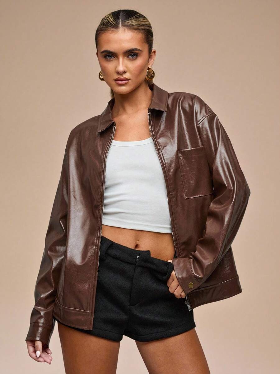 SHEIN BAE 女士时尚通勤复古棕色夹克 - 咖啡棕 - 查看 1