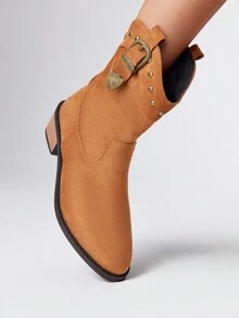 Styleloop 棕色西部牛仔靴，一脚蹬刺绣及膝马靴，低跟皮革摩托车靴，女式中筒靴，适合万圣节、圣诞节、秋季 - 棕色 - 查看 3