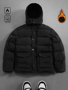 Manfinity Roghcode Men's Black Solid Color Hooded Winter Puffer Jacket,Basic Casual Date Long Sleeve Utility Pocket Thermal Lined Puffy Coat - Black - View 2