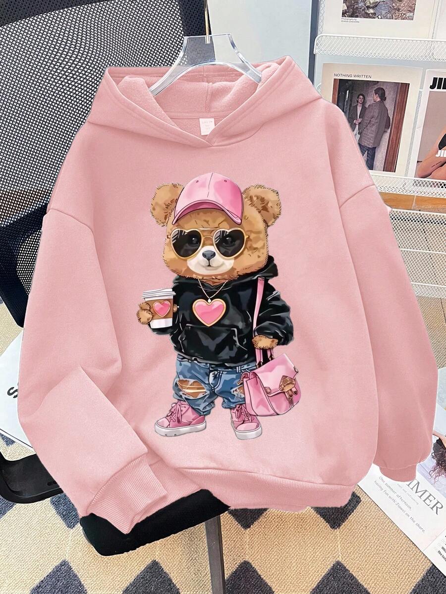 SHEIN 可爱酷炫爱心与熊印花女童休闲厚连帽长袖运动衫,适合秋冬季 - 粉色 - 查看 1