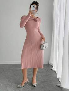 DAZY Off Shoulder Vintage Sweater Dress, Slimming Effect, Autumn/Winter New Arrival - Pink - View 6
