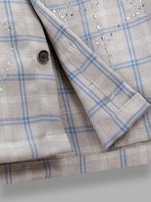 NEON BLANC Men's Street Fashion Woven Rhinestone Spider Web Plaid Short Sleeve Shirt - Grey - View 7