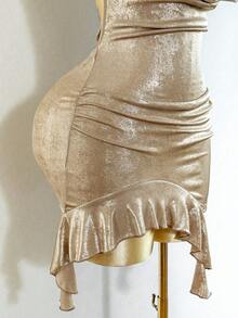 Mistrie Vestido mini dorado de cuello de capucha de mujer con Body de unicolor y metalizado