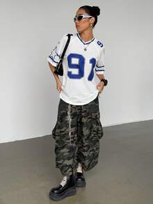 Flirla Áo thun thể thao tay ngắn in số phối lưới phối màu rộng rãi cho nữ, áo thun họa tiết mùa xuân/hè dành cho nữ - trắng - Xem 5