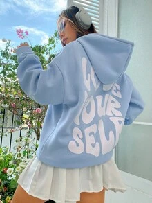 SHEIN MOOSTA Slogan Graphic Drop Shoulder Drawstring Thermal Lined Hoodie LOVE YOURSELF,Long Sleeve Tops Graduation,Back To School Outfits,Graduation,Teacher Outfits For Women,Back To School Pullover Fall Outfit - Baby Blue - View 4