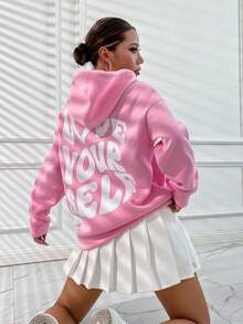 SHEIN Unity Slogan Áo hoodie dây rút có dây rút in họa tiết YÊU CHÍNH MÌNH - Hồng - Xem 1