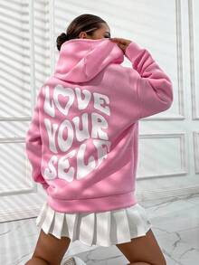 SHEIN Unity Slogan Áo hoodie dây rút có dây rút in họa tiết YÊU CHÍNH MÌNH - Hồng - Xem 4