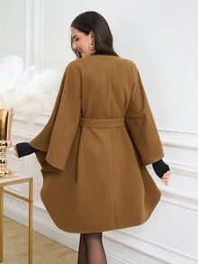 Ellevyn 女士优雅通勤斗篷式圆领中长款外套，秋冬季外出沙特国庆节圣诞节服装女士秋季服装冬季外套 - 摩卡棕 - 查看 6