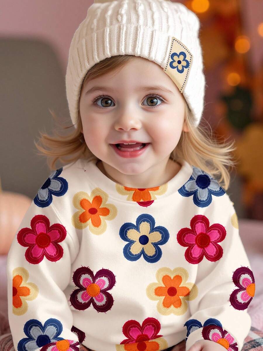 SHEIN Happikins Cream White, Cute Dopamine Applique Colorful Floral Pattern, Fall Vibes, Baby Girls Casual Loose Fit Crew Neck Comfortable Daily Soft Knit Long Sleeve Sweatshirt, Suitable For Autumn & Winter Wildflower Baby Clothes Baby Girl Warm Sets Baby Girl Clothes Spring Fall Fall Girl Clothes - Multicolor - View 1