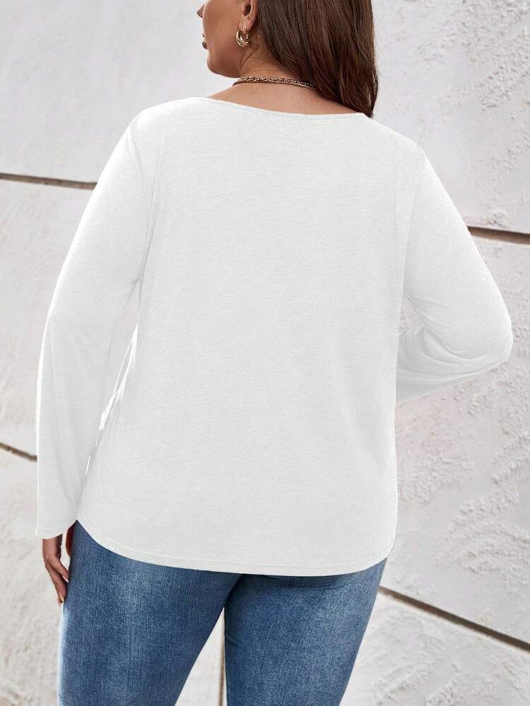 Plus Size Women's Solid Color Button Design V-Neck Long Sleeve Casual T-Shirt Plus Size Ribbed Knit Top Plus Size Long Sleeve Tops Plus Size White Tops For Women Plus Size V-Neck Top Plus Size Casual Tops Plus Size Solid Color Ribbed Knit T Shirt/Fall/Winter