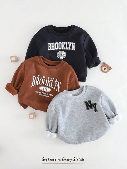 Cozy Pixies 3pcs/Set Baby Boy Letter Graphic Casual Crew Neck Raglan Sleeve Pullover Sweatshirt Fall Winter
