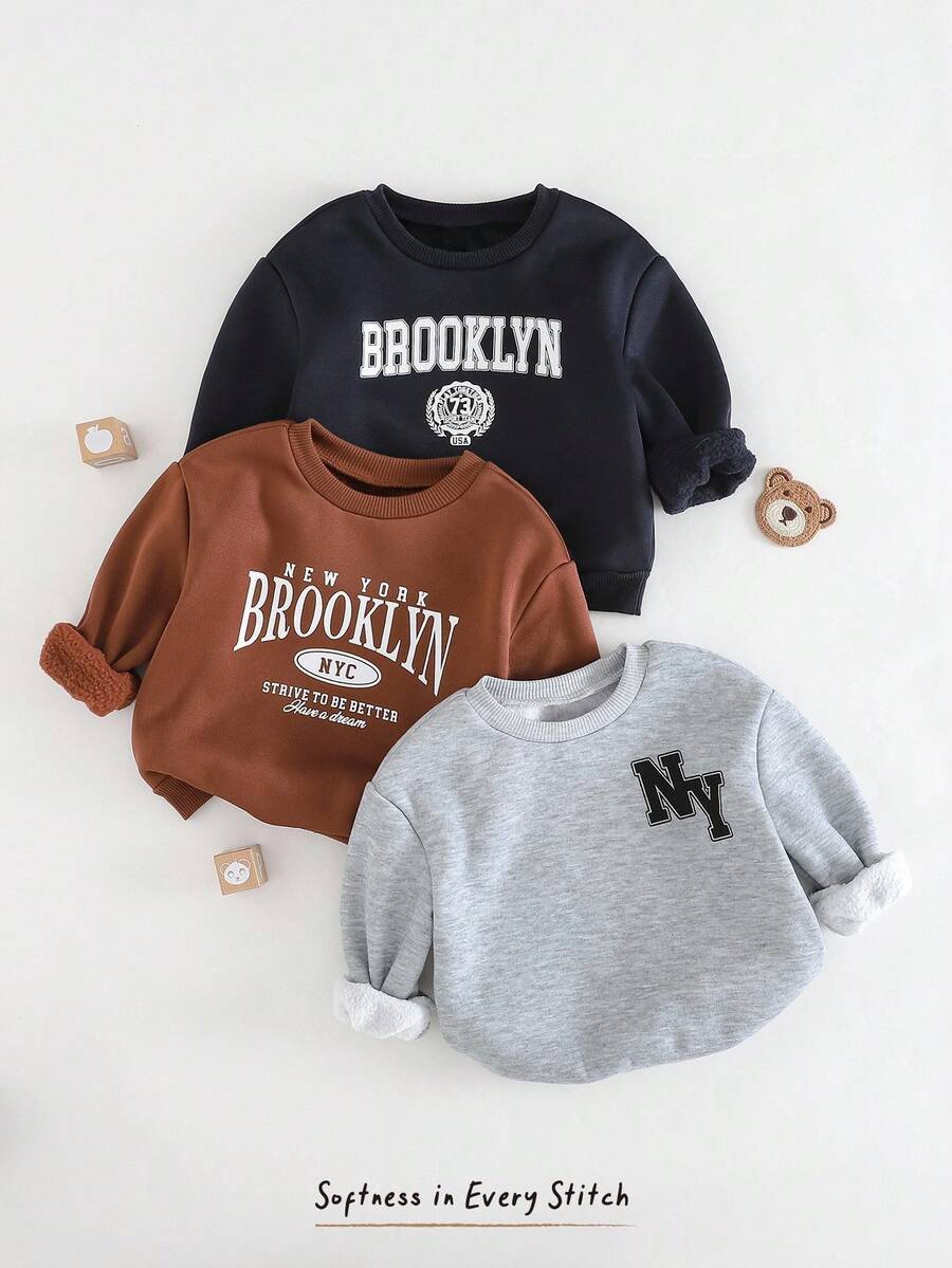 Cozy Pixies 3pcs/Set Baby Boy Letter Graphic Casual Crew Neck Raglan Sleeve Pullover Sweatshirt Fall Winter - Multicolor - View 1