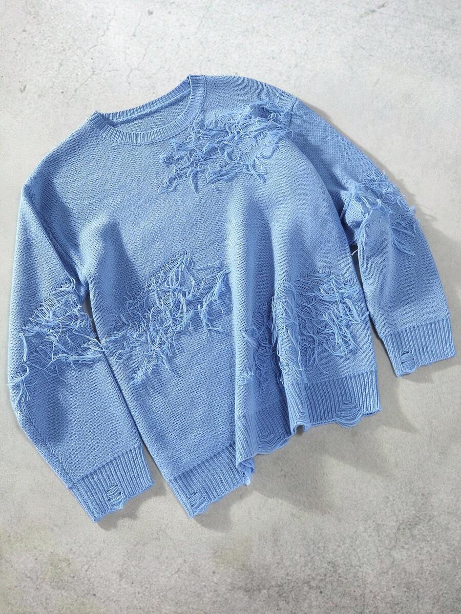 Manfinity EMRG 男士休闲宽松纯色圆领长袖毛衣，秋冬 - 藍色 - 查看 1