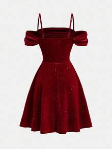 Pitira Tween Girl Off Shoulder Ruffle Hem Patchwork Dress, Casual Elegant Fit For Back To School, Party, Halloween, Christmas, Suitable For Indoor And Outdoor Wear Christmas Dress For Teens Glittery Red Dress Red Christmas Dress Tweens - Red - View 2