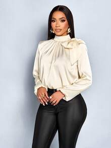 SOLERSUN Damen Mode Temperament elegante Satin einfarbige hochwertige Schleife Tasche Saum Laternenhülse Bluse - Champagnerfarben - Übersicht 5