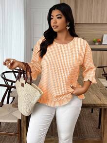 Weeklong Plus Size Casual Plaid Ruffle Trim Shirt - Orange - View 4