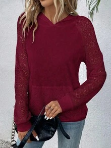 EMERY ROSE 女士秋季撞色蕾丝插肩袖口袋休闲卫衣 - 酒紅色 - 查看 6