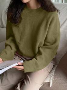 DAZY 女士休闲日常纯色保暖常规针织毛衣，秋冬，秋季女装 - 軍綠色 - 查看 4