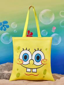 SpongeBob SquarePants | SHEIN 1 件可爱卡通图案帆布手提袋、购物袋，适合携带书籍、笔记本电脑、学校、通勤、购物、户外活动 - 黃色 - 查看 2