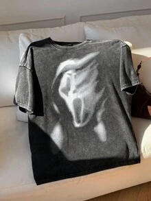 SHEIN EZwear 女士夏季黑色针织酸洗鬼脸印花T恤 - 黑色 - 查看 5