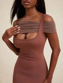NYA SZN Chocolate Brown Elegant Dinner Date Summer Dress,Short Sleeve Asymmetrical Fitted Bodycon Flare Skirt Maxi Length Mesh Wedding Birthday Outfits Women - Brown - View 5
