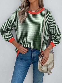 EMERY ROSE Striped Pattern Contrast Trim Drop Shoulder Sweater Autumn Winter Clothes For Women - Green - View 6