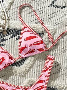 Swim Mod Bikini de triángulo sexy para mujer, traje de baño casual de 2 piezas con estampado de peces, estilo europeo y americano para playa y vacaciones - Multicolor - Ver 3