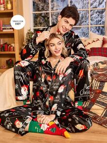 CoupledUp 圣诞老人印花仿丝绸男士睡衣套装，秋冬服装，圣诞节 - 黑色 - 查看 1