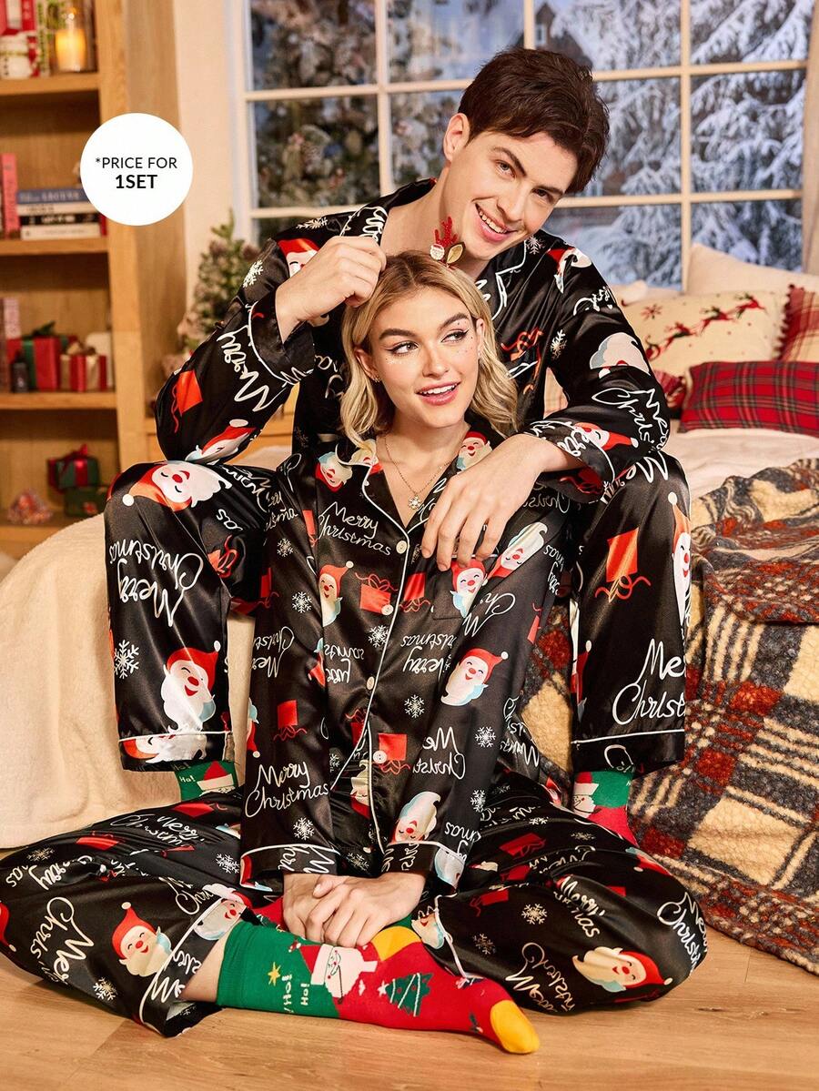 CoupledUp 圣诞老人印花仿丝绸男士睡衣套装，秋冬服装，圣诞节 - 黑色 - 查看 1