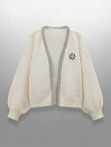 Manfinity RebelGame Men's Casual Loose Knit Cardigan With Pentagram Embroidery And Rhinestone Decor, Long Sleeve, Autumn, For Fall Winter - Beige - View 1