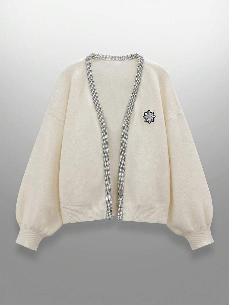 Manfinity RebelGame Men's Casual Loose Knit Cardigan With Pentagram Embroidery And Rhinestone Decor, Long Sleeve, Autumn, For Fall Winter - Beige - View 1