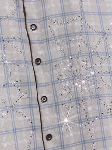 NEON BLANC Men's Street Fashion Woven Rhinestone Spider Web Plaid Short Sleeve Shirt - Grey - View 6