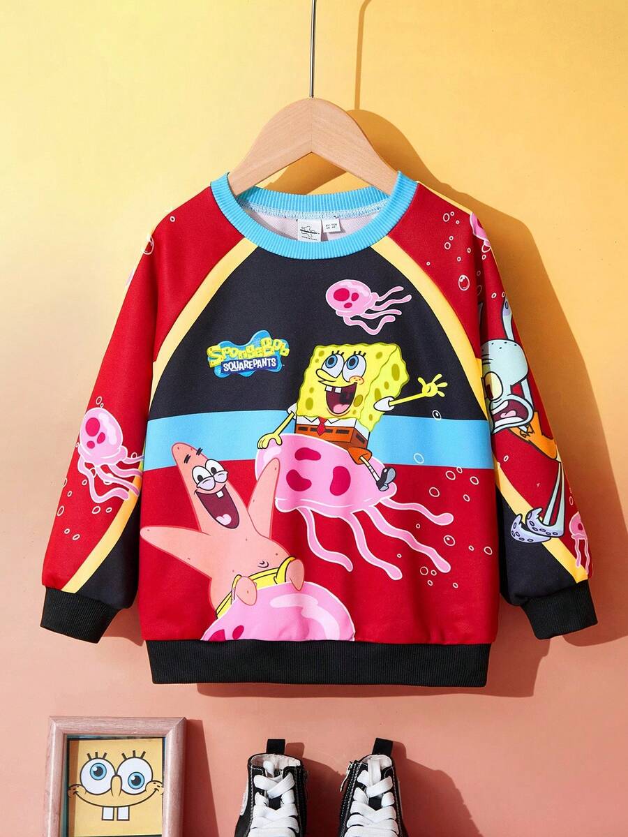 SpongeBob SquarePants | SHEIN Young Boy Colorblock Cartoon Race Car Graphic Raglan Sleeve Crew Neck Sweatshirt, Autumn/Winter