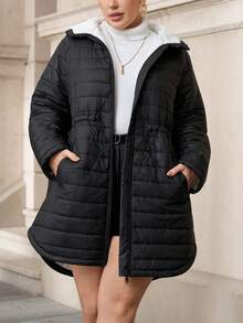 SHEIN Clasi Plus Size Women's Hooded Cinched Waist Thick Black Cotton Coat,Winter,Casual,Elegant,Hiking,Black And White,Autumn,,Work Wear,Office Attire - Black - View 7