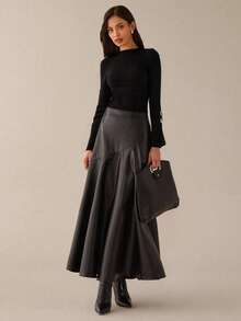 Lilora Women Casual/Office Wear Solid Color PU Leather Long Skirt Black Faux Full Asymmetrical Modest Outing For , Office Ladies, - Black - View 4