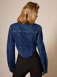 COSMINA Women's Casual Stand Collar Cropped Denim Jacket, Autumn Jean Jacket For Women - Dark Wash - View 2