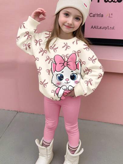 SHEIN 2 st/set krämvit & rosrosa, söt leopardrosett, tecknad katt med hjärtmönster, tween-flickor, avslappnad, bekväm, tjock, mjuk, lös, rund halsad tröja och leggings, tvådelad outfit, lämplig för höst- och vinterdagskläder, enkel komfort, höst- och vinterlager, snygga barnkläder, vardagskläder, barnkläder med grafiska motiv, höst- och vinterkläder, hemkomst, tillbaka till skolan