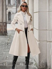 EMERY ROSE 女士时尚百搭纯色大衣，秋冬 - 杏色 - 查看 1