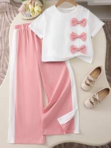 SHEIN Kids/Teens 2pcs Set - Loose Fit Crew Neck Pink Bow Splice White Casual Blouse + Casual Sports Pants - White - View 6