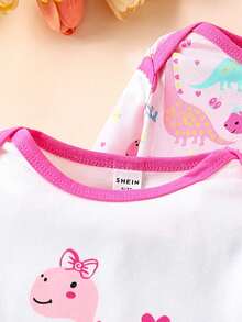 SHEIN 新生兒女寶男寶恐龍條紋印花連身褲套裝