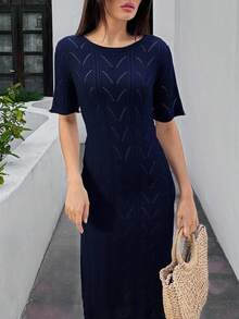 EURMUSE 女士夏季镂空驼色沙滩装连衣裙 - 藏蓝色 - 查看 5